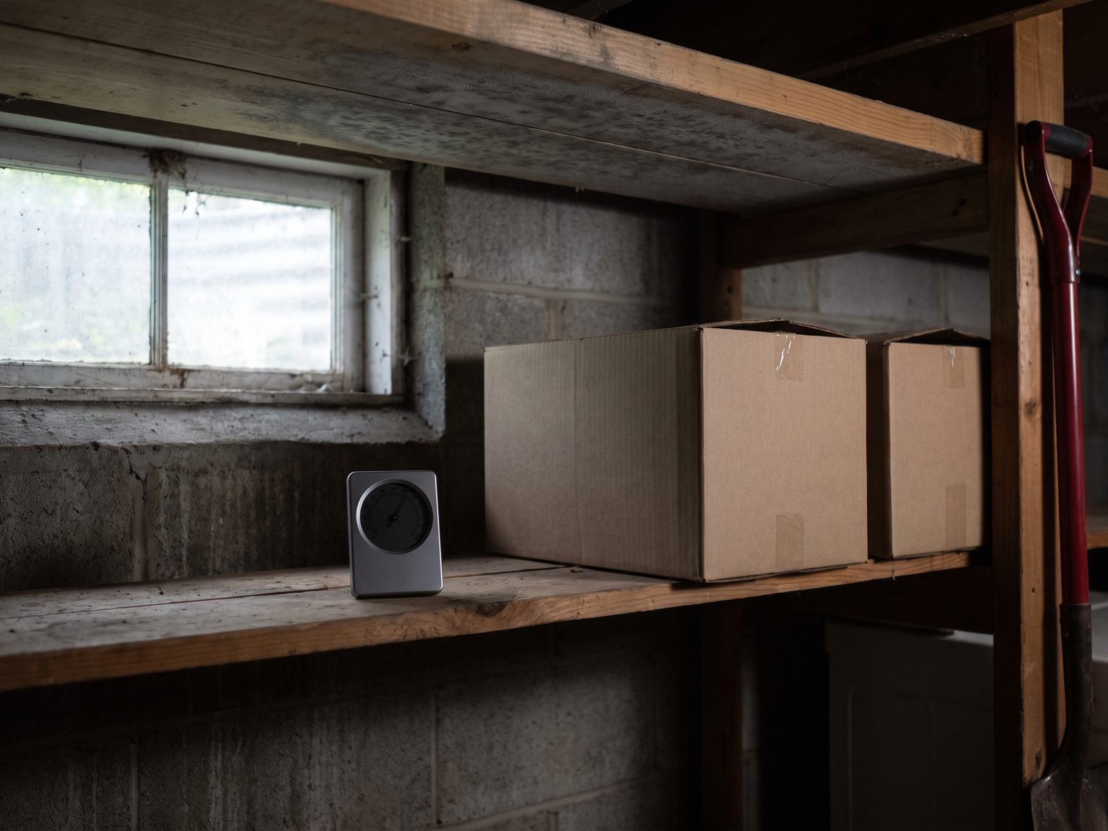 Hygrometer in a humid basement in high summer Hygrometer on a basement shelf beside cardboard storage with faint surface growth visible on the joist above.