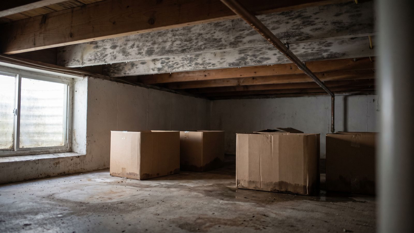 Mottled gray mold across basement floor joists above plain cardboard boxes damp-stained where they meet the concrete slab.