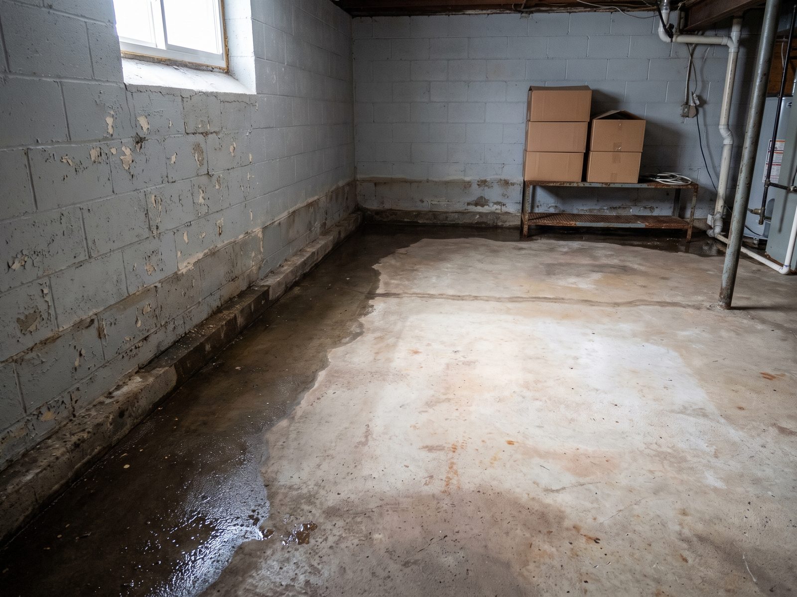 Wet perimeter and dry middle in a basement Unfinished block-wall basement with a dark wet band along the base of the wall and a dry floor toward the middle of the room.