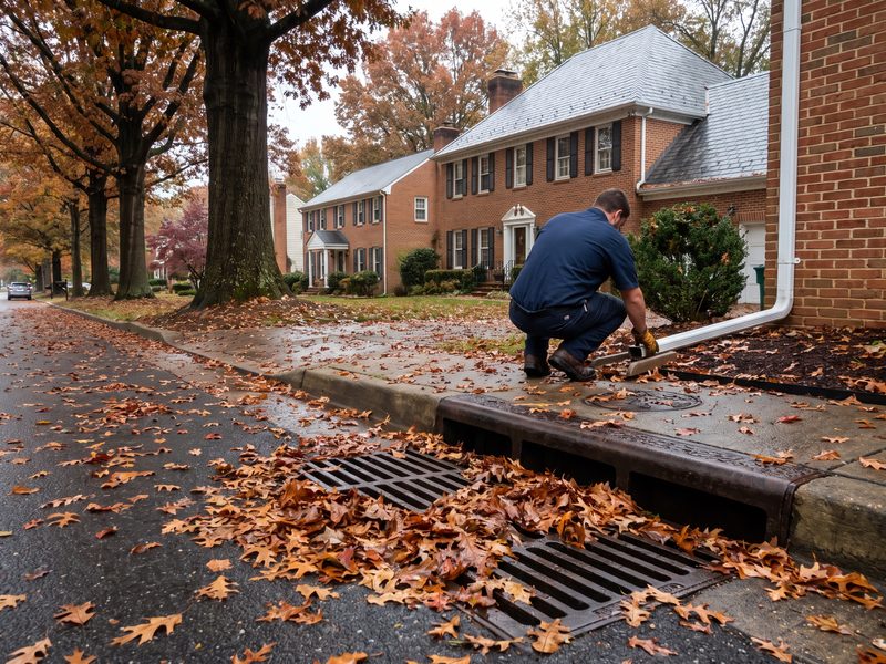 Suburban Virginia street in autumn leaf-fall with a leaf-clogged storm grate and a technician checking a downspout line.