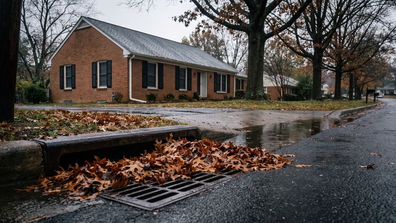 Leaf-clogged curb storm drain backing water up on a wet Northern Virginia street beside a brick colonial in autumn.