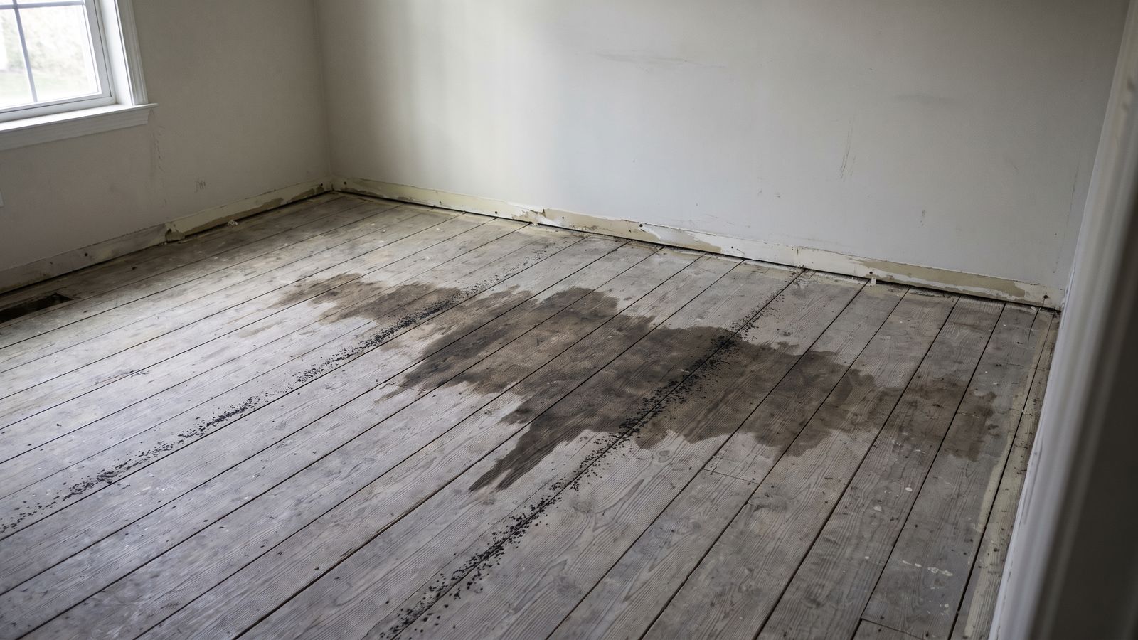 Stained board subfloor with blackened seams Bare board subfloor with dark staining and black speckling along the seams, the odor removal starting point