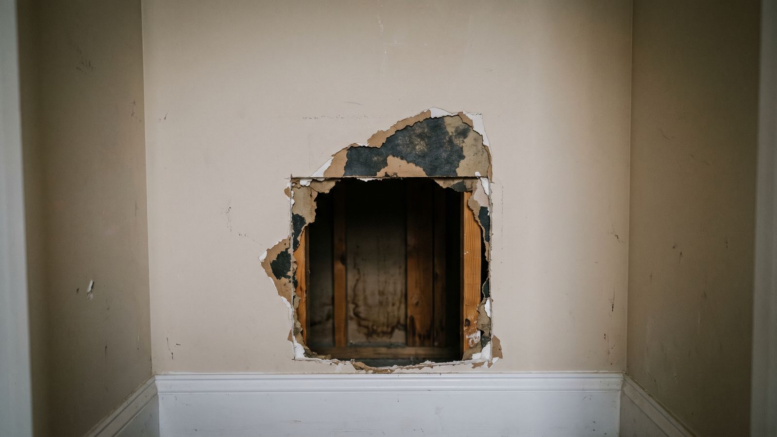 Wall opening exposing dark staining inside the cavity Opening broken through drywall exposing dark staining on the board sheathing, a hidden odor source inside the wall