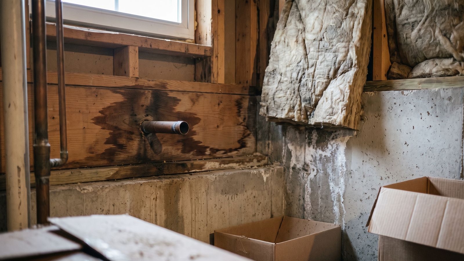 Wet staining on a rim joist below an outdoor spigot Copper stub through a stained basement rim joist below an outdoor spigot that froze and burst, soaked insulation alongside.
