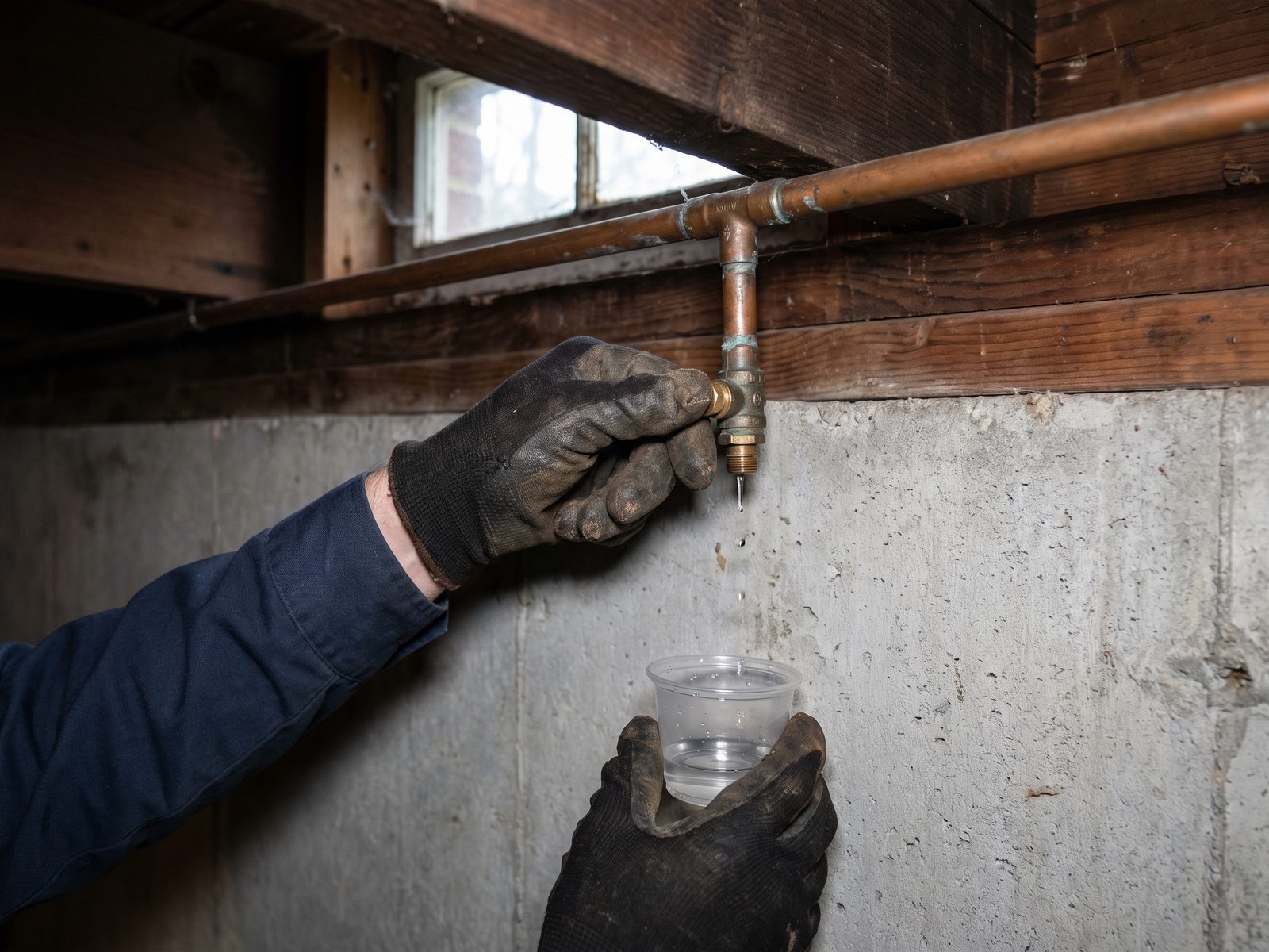 Draining the line at the interior shutoff bleeder cap Gloved hand loosening the small brass bleeder cap on an interior shutoff valve above a basement rim joist, with a cup held underneath.