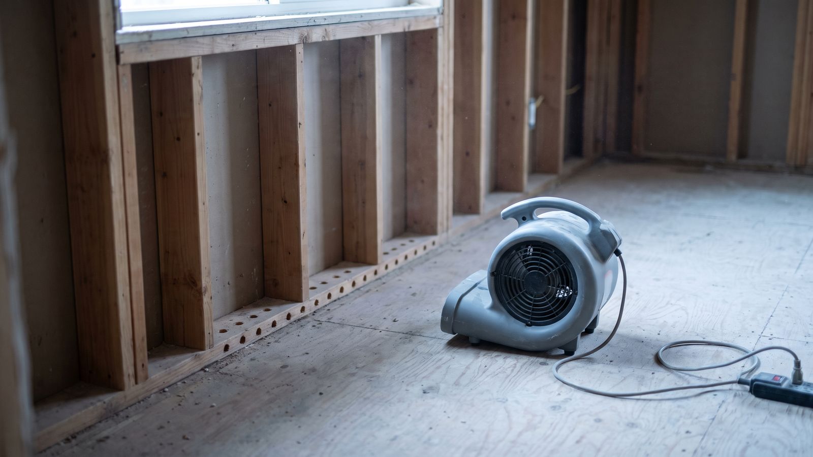 A stripped stud bay with drilled drying holes along the bottom plate and an air mover on the subfloor