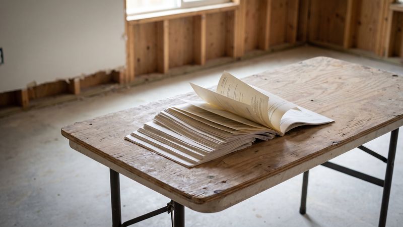 A thick multi-page estimate fanned open on a plywood folding table in a stud-framed room