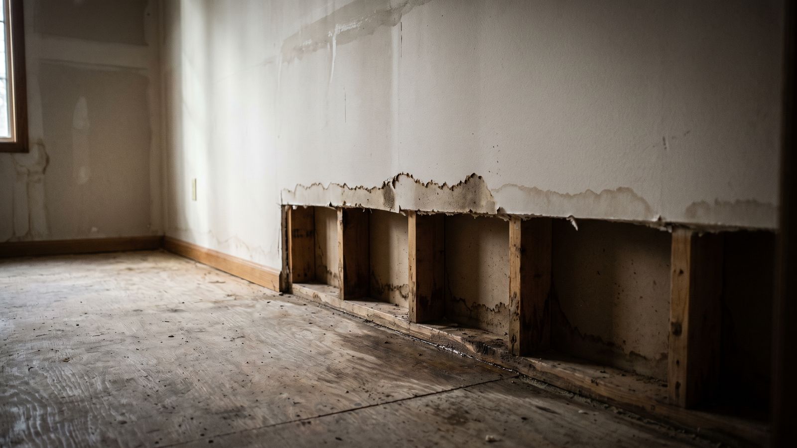 A flood-cut line where drywall was removed above the baseboard, exposing studs and a plywood subfloor