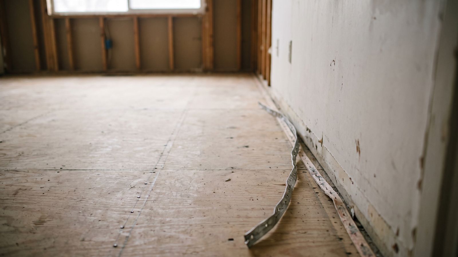 A plywood subfloor with the carpet removed and a metal tack strip lifted along the wall base