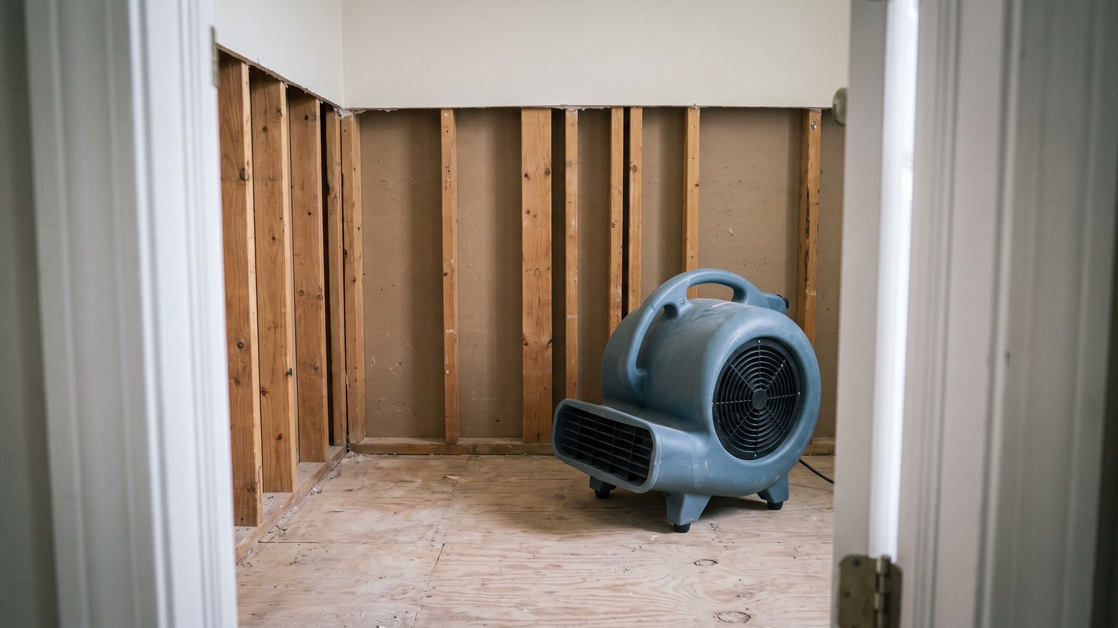 Air mover drying a wall opened to bare studs Air mover on bare subfloor by a wall opened to the studs, the drying stage after pipe leak behind shower wall signs