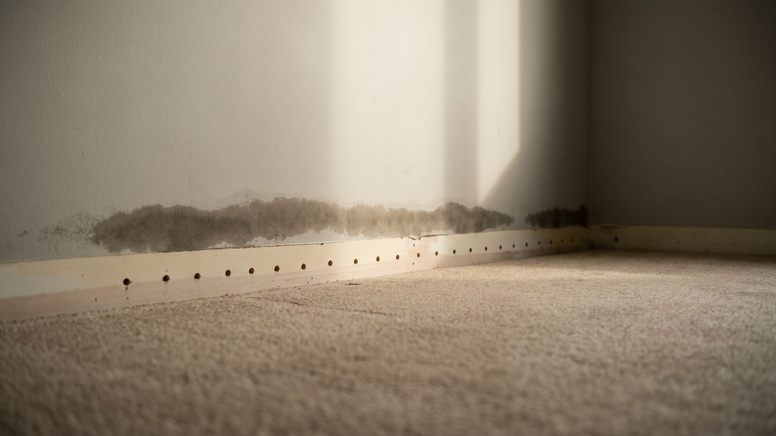 Damp staining and drilled inspection holes above carpet Gray damp staining above a baseboard drilled with inspection holes, dry-side pipe leak behind shower wall signs