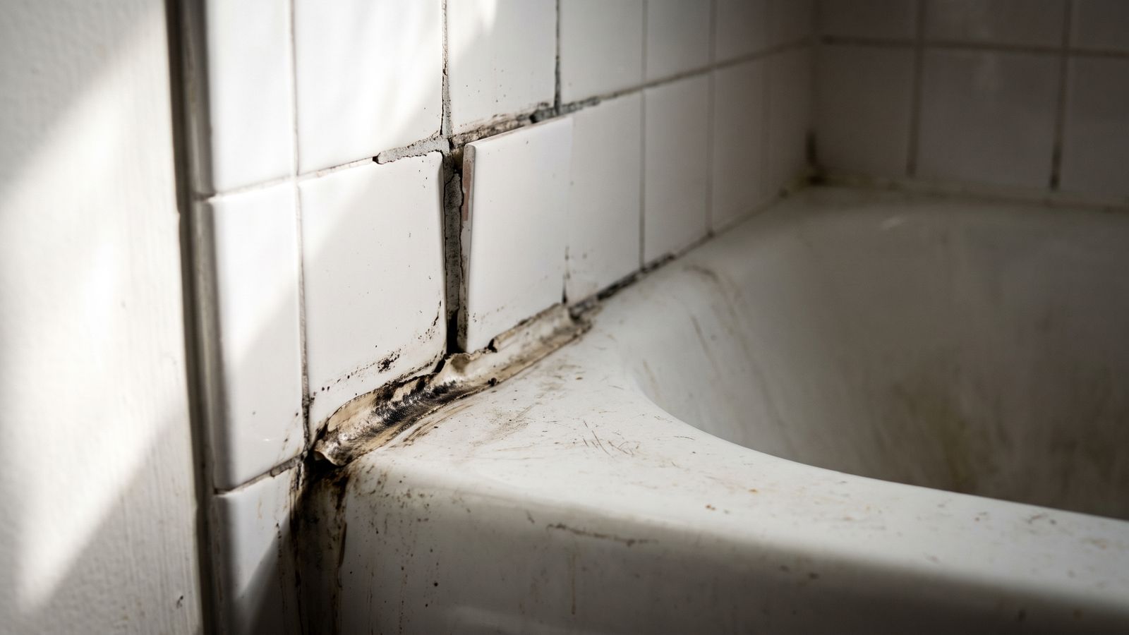 Peeling caulk and crumbling grout at a tub seam Peeling blackened caulk and crumbling grout at a tub seam, two of the clearest pipe leak behind shower wall signs