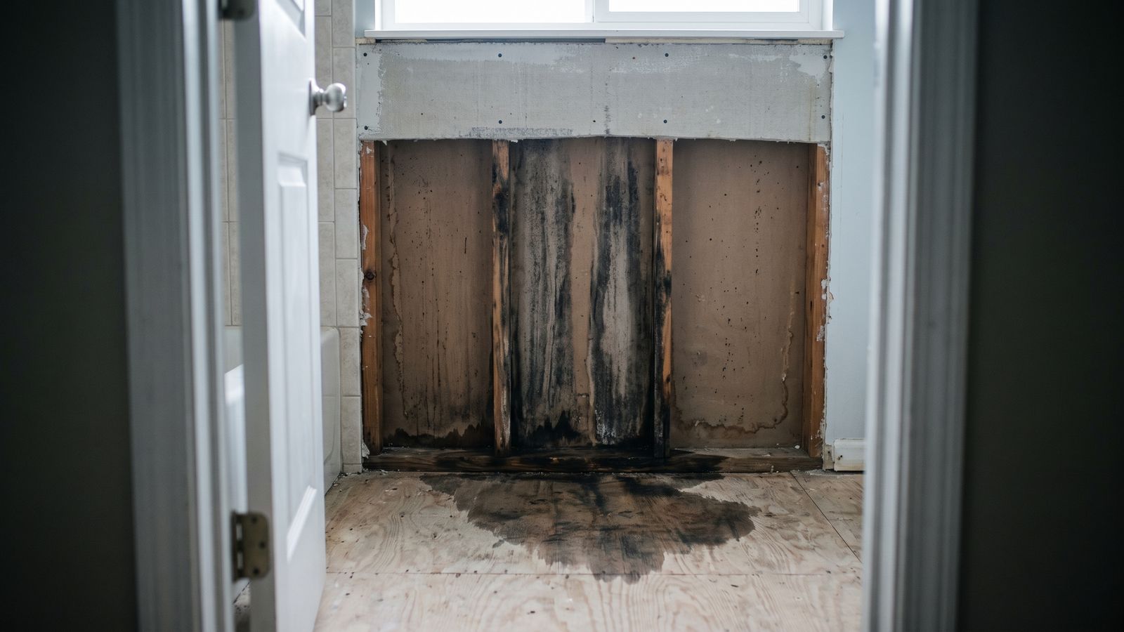 Water-stained studs behind cut-away bathroom tile Dark water staining down exposed studs and subfloor behind cut-away bathroom tile, late pipe leak behind shower wall signs