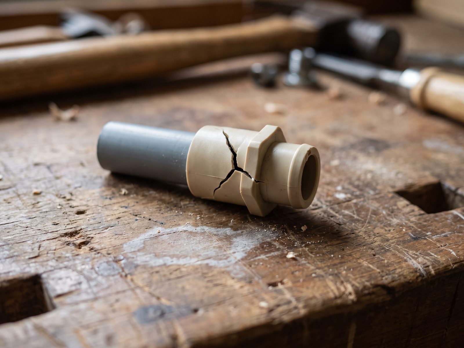 Split plastic supply fitting on a workbench Split plastic supply fitting on a short pipe stub laid on a workbench with a crack through the fitting shoulder.