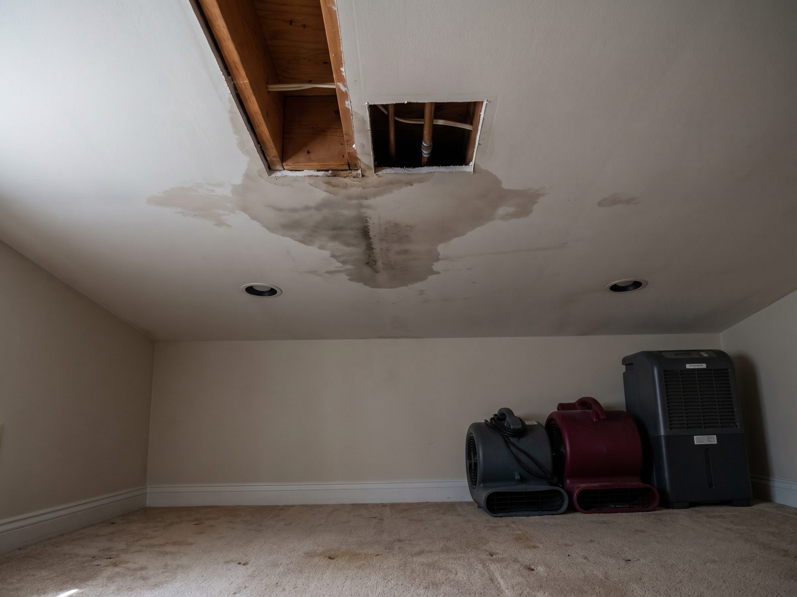 Finished ceiling opened at a hidden supply leak Wet patch on a finished ceiling with a small square of drywall opened to expose the pipe run above.