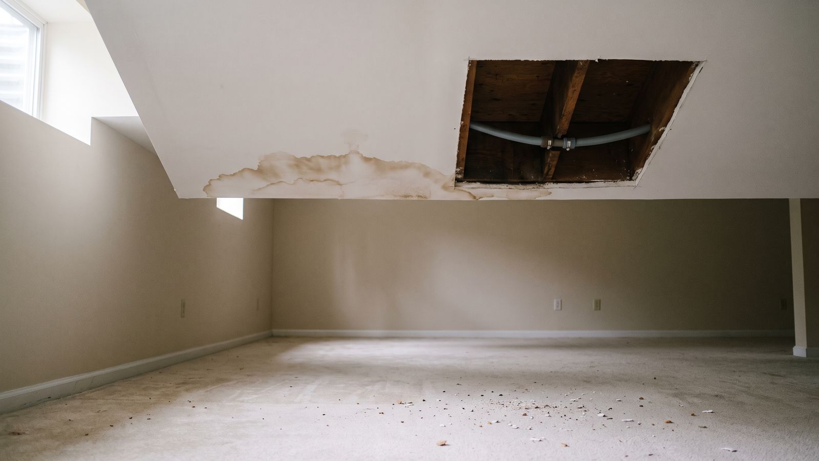 Finished ceiling opened at a hidden supply leak Gray polybutylene supply pipe in an opened ceiling joist bay beside a brown water stain in a Northern Virginia basement.