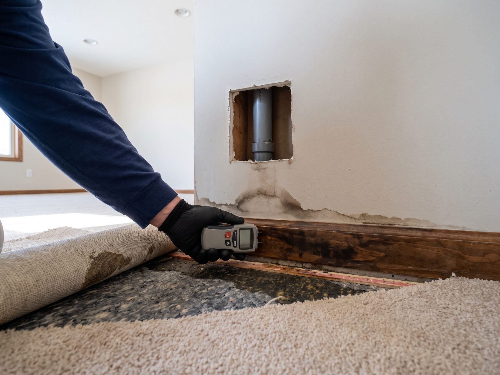 Moisture meter reading at a stained baseboard Gloved hand holding a moisture meter against a dark-stained baseboard, with the carpet pulled back and a square opening cut in the wall above.