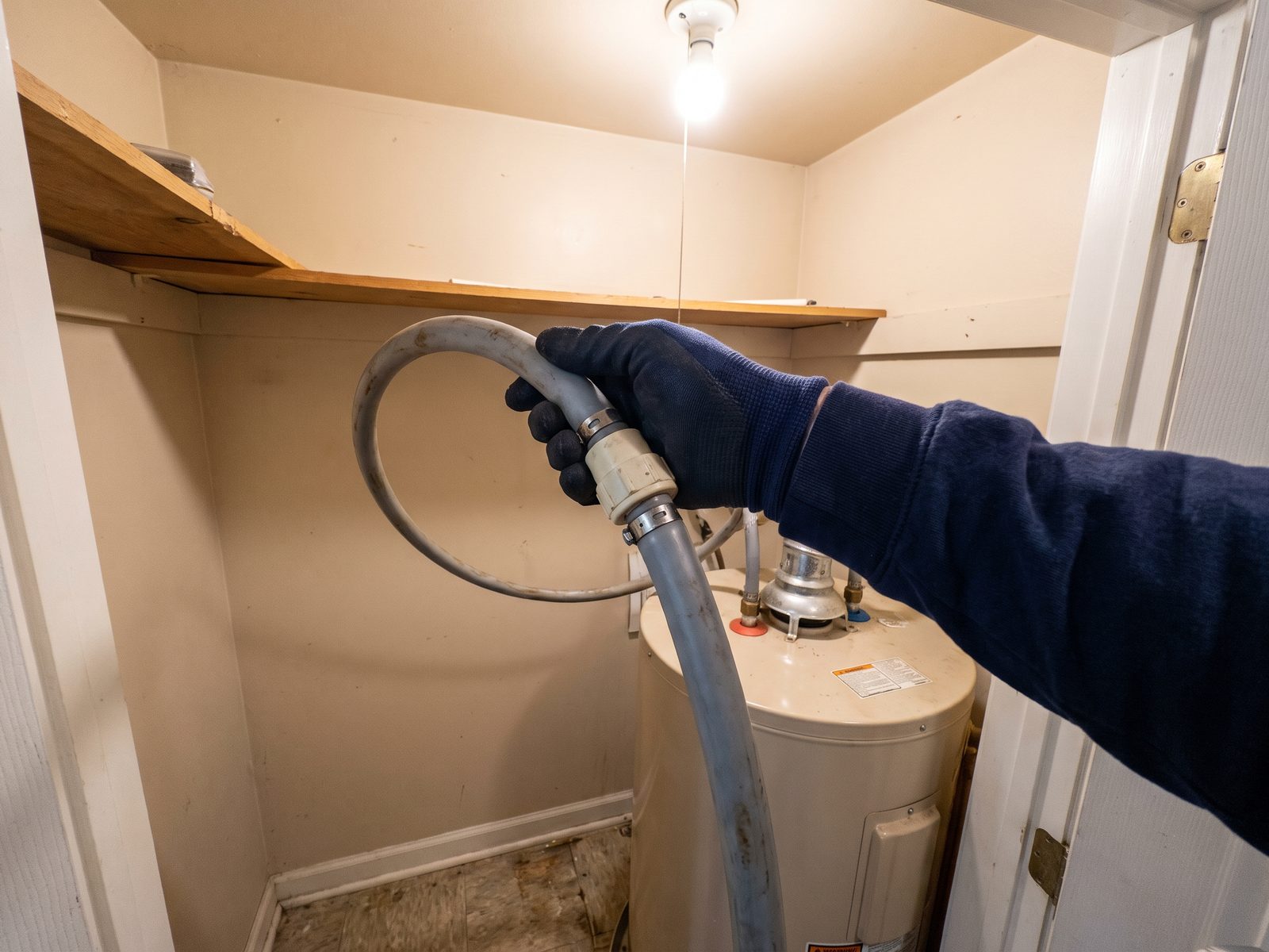 A gloved technician holds a length of dull gray plastic supply pipe with a banded plastic coupling in front of a water heater in a utility closet.