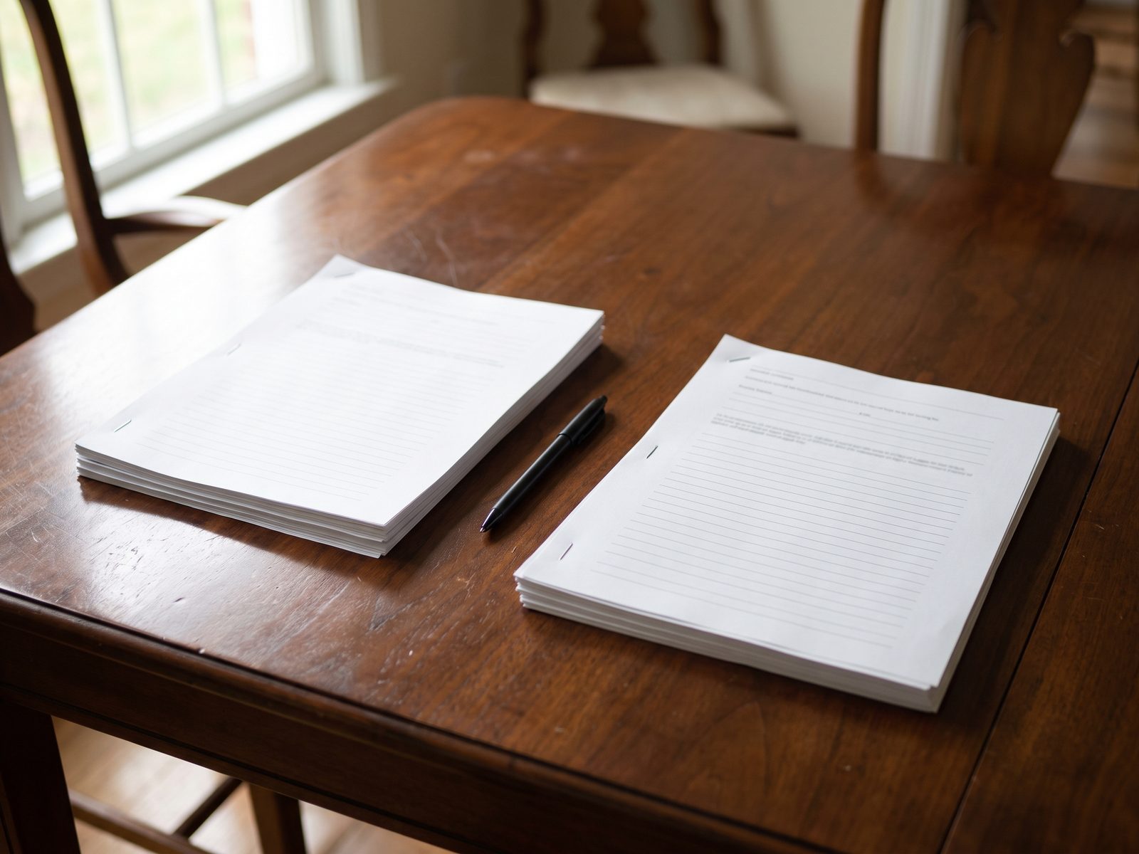 Two stapled restoration estimates laid side by side on a dining table with a pen between them and no details legible.