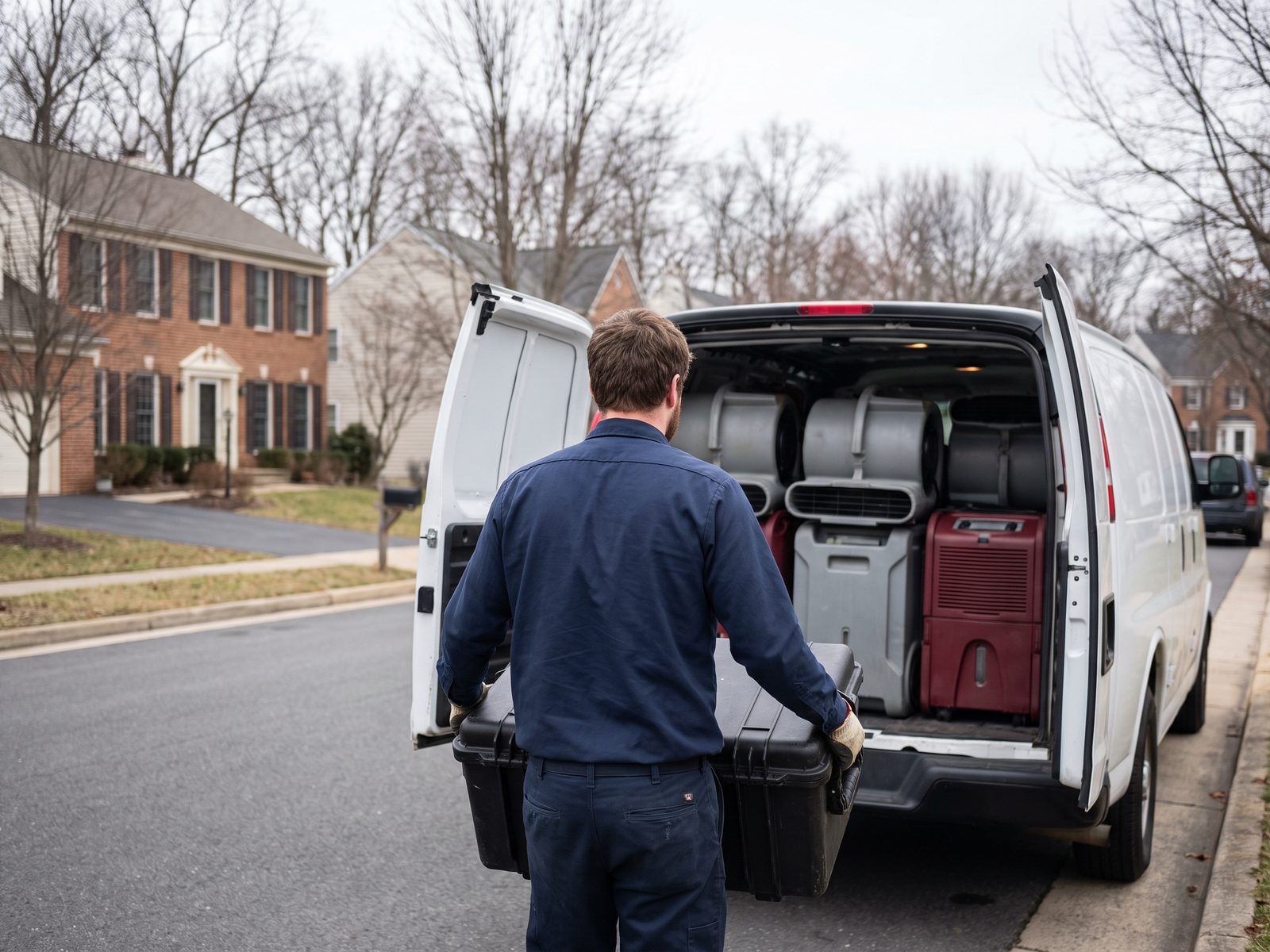 Unmarked white work van at a suburban curb with drying equipment stacked inside as a technician lifts out a case.