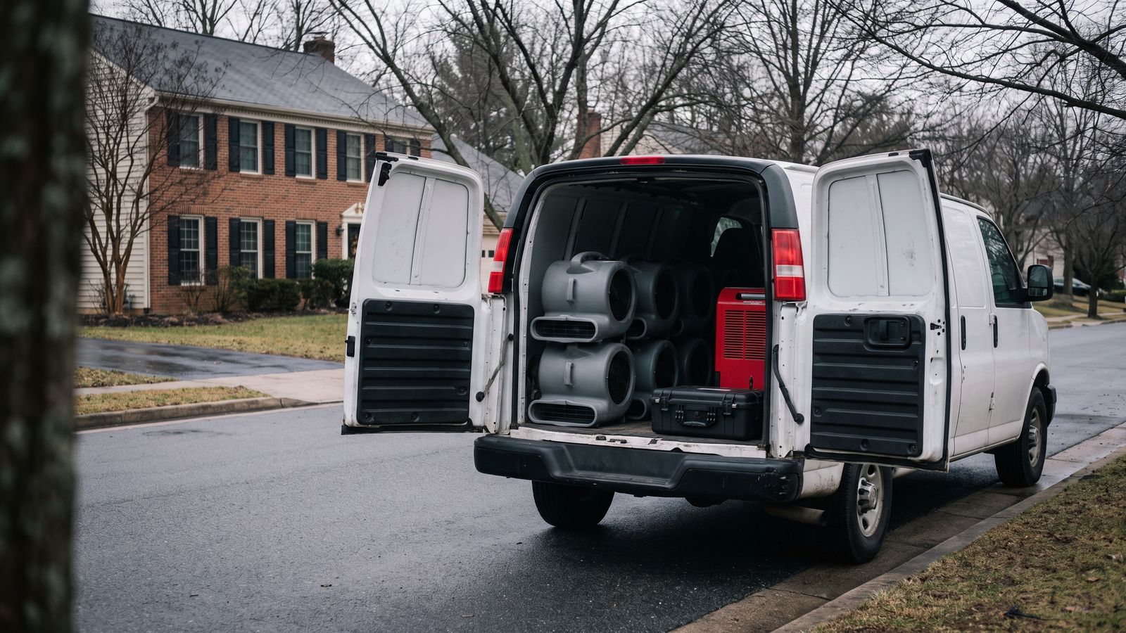 Restoration van and drying equipment at a suburban curb White unmarked restoration van at a suburban curb, rear doors open on stacked gray air movers and a red dehumidifier.
