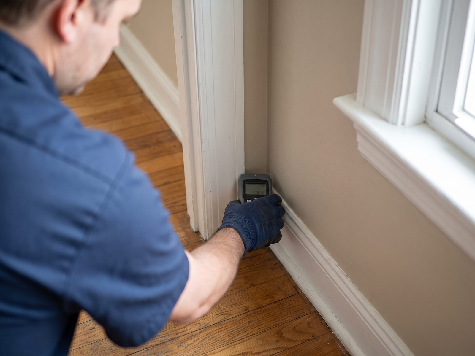 Pinless moisture meter held against a painted wall just above the baseboard in a hallway, reading not legible.