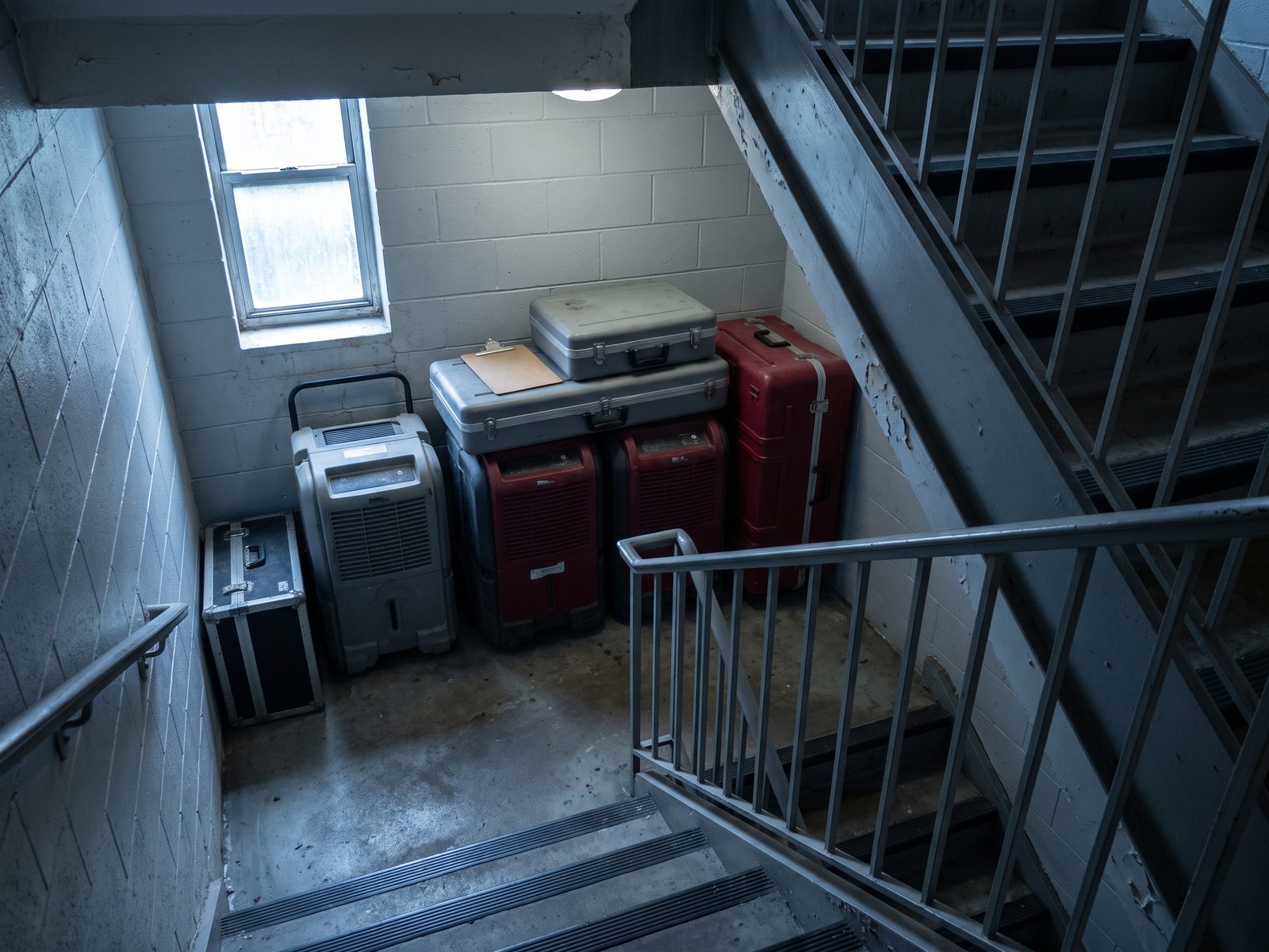Equipment staged on a mid-rise stairwell landing Stacked dehumidifiers and cased equipment staged on a stairwell landing with a clipboard resting on top.