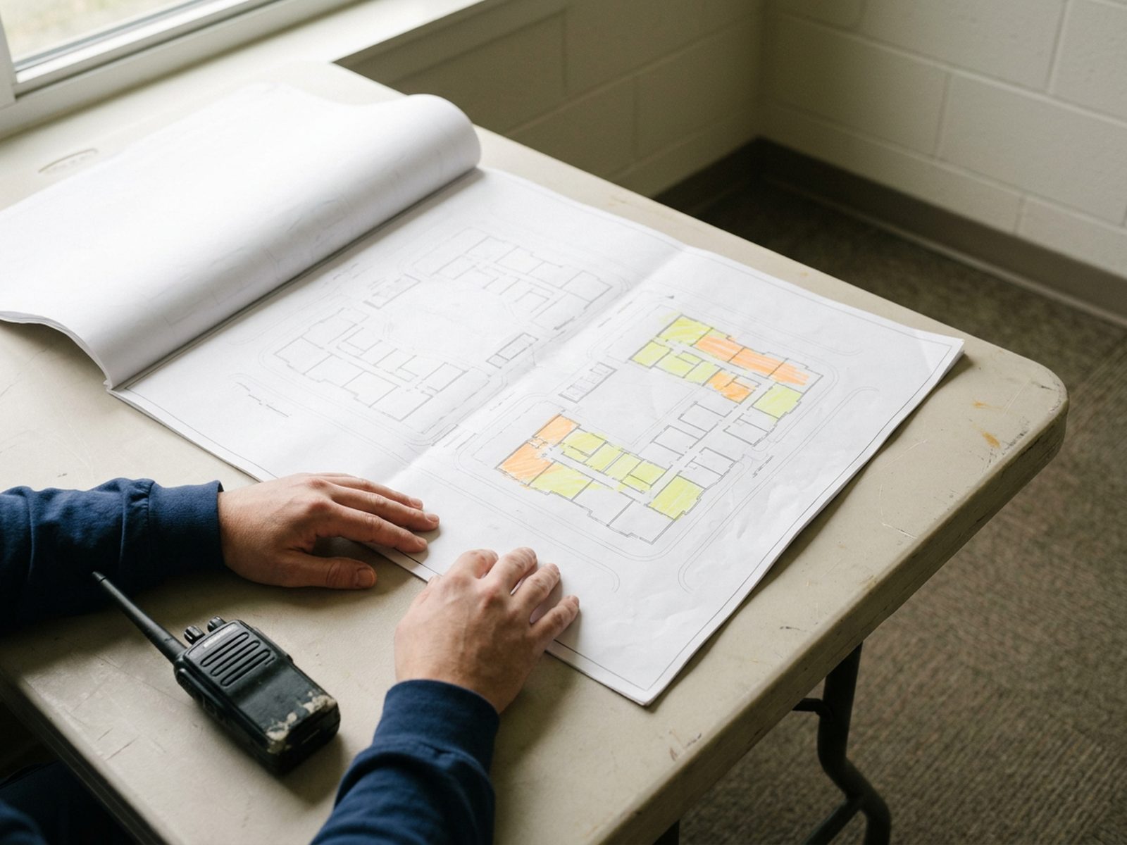 Marked floor plan used to track affected units Floor-plan printout on a folding table with unit outlines marked in highlighter and a two-way radio beside it.