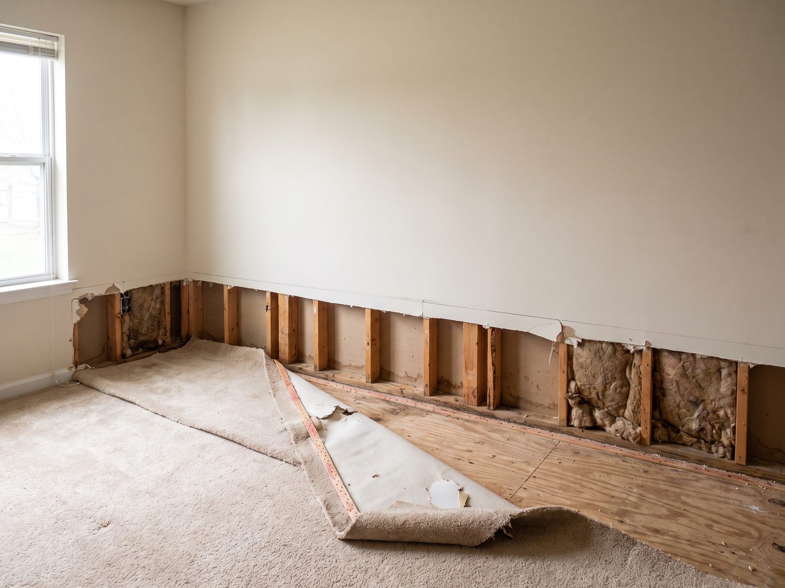 Controlled removal cut to a marked line Drywall removed in a straight band to a marked line in an empty room with wet carpet peeled back off the subfloor.