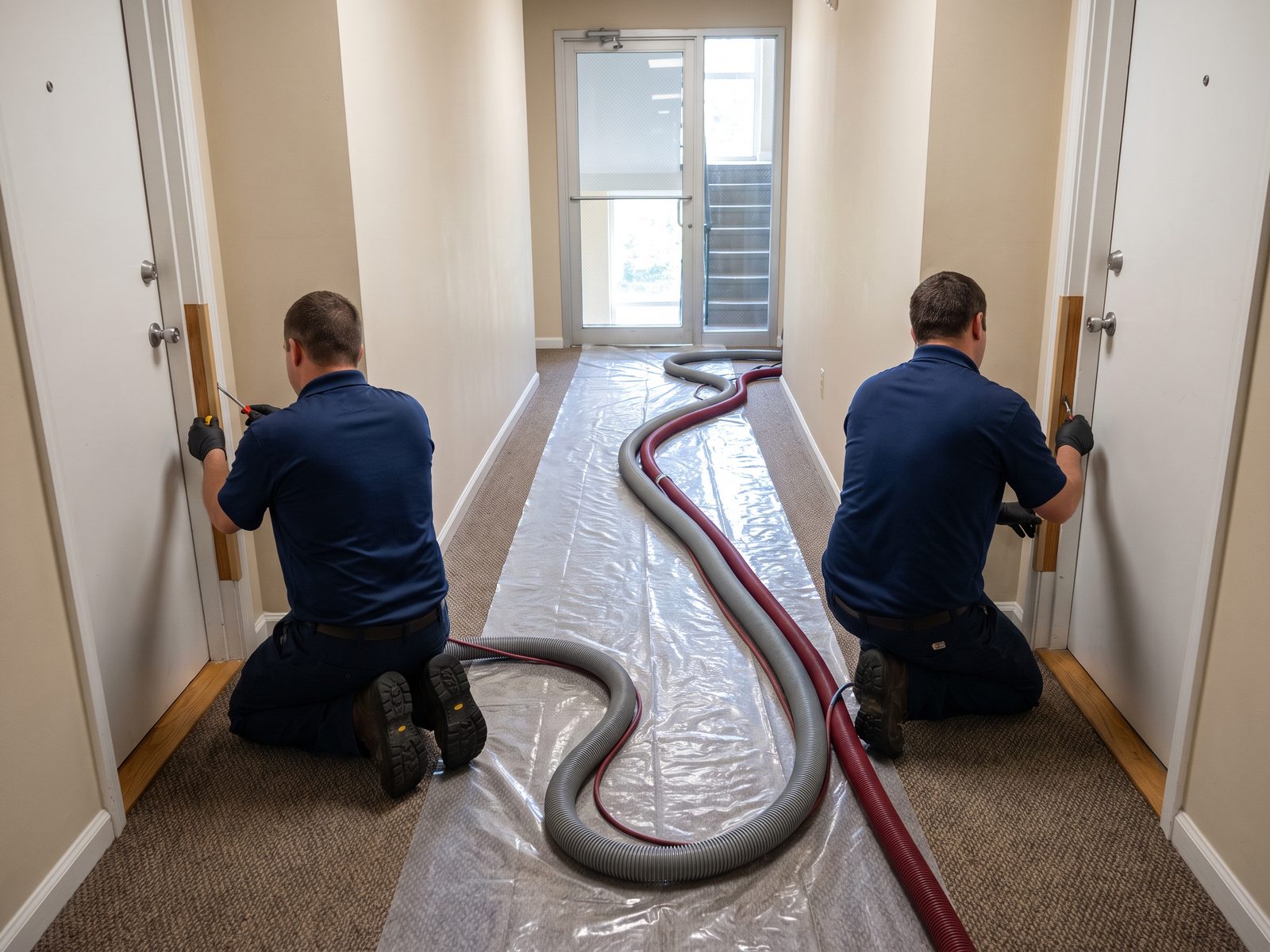 Plastic runner and extraction hose laid the length of a garden-apartment corridor with technicians working at two doorways.