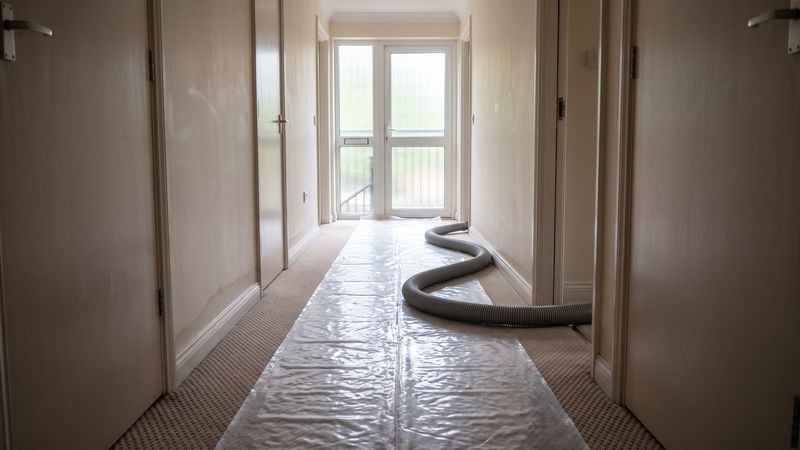 Plastic runner and grey extraction hose down a multi-unit apartment corridor after a water loss, unit doors closed.