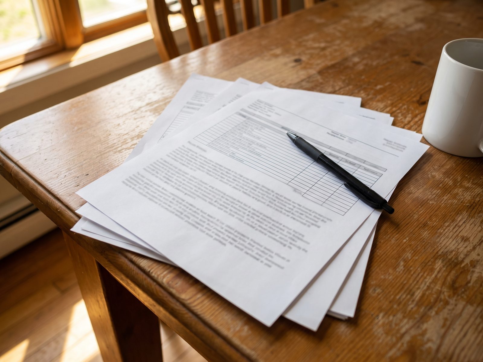 Multi-page repair estimate fanned open on a table with a pen resting on the summary page, no figures legible.