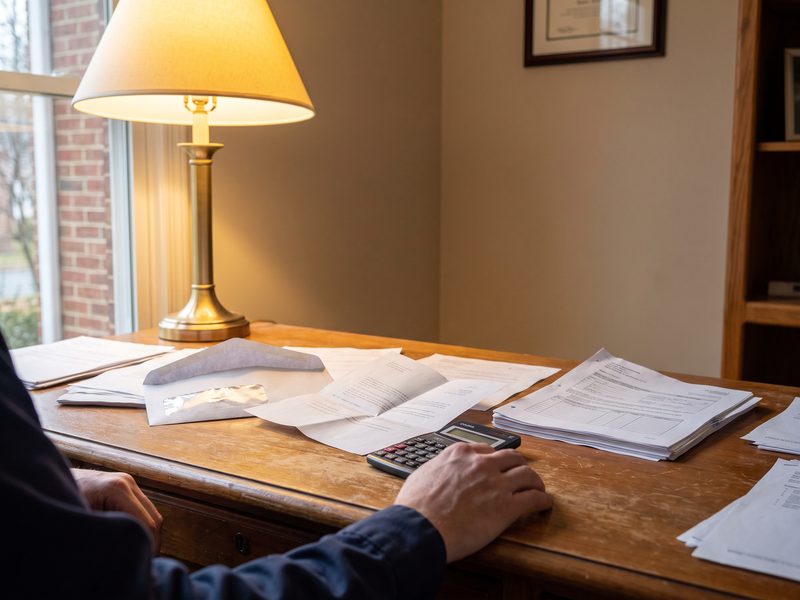 Opened window envelope with an unfolded insurance letter beside a hand on a calculator and stacked repair estimate pages on a home office desk.