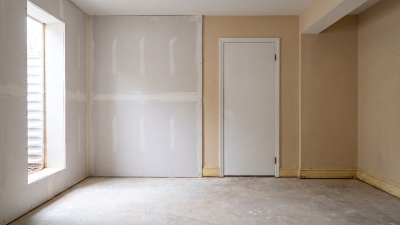 New unpainted drywall taped beside an older painted wall and aged baseboard in an empty basement rebuilt after water damage.