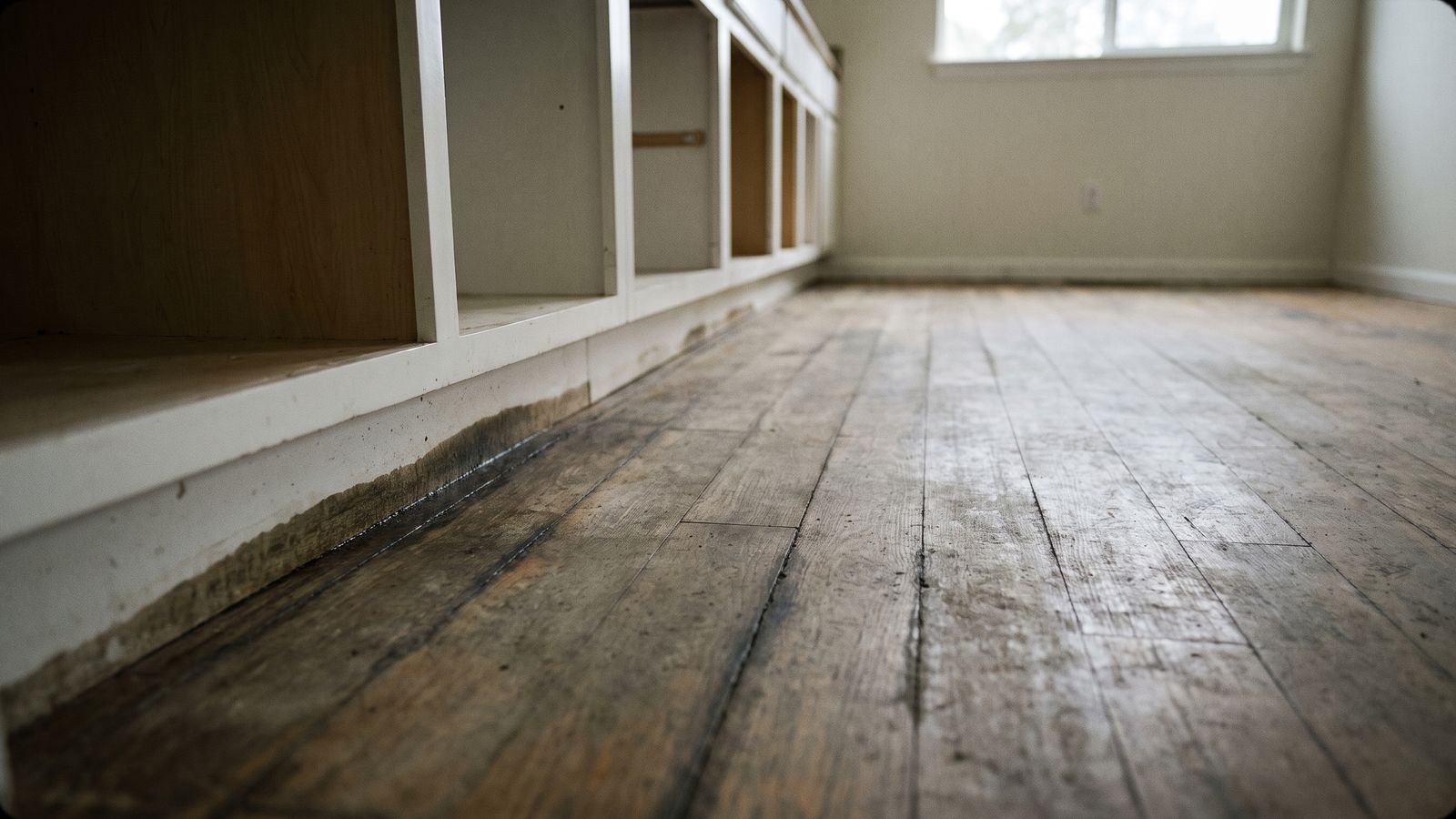 Wicking stain on a cabinet toe-kick and plank seams Dark wicking stain up a white cabinet toe-kick and along plank seams from refrigerator water line leak floor damage