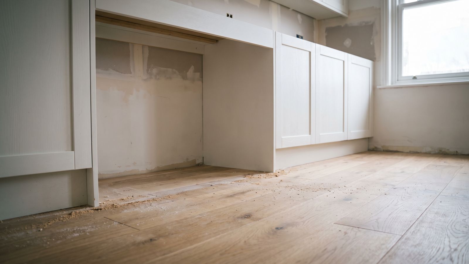 New oak plank flooring in an appliance alcove New oak plank flooring in an empty appliance alcove after refrigerator water line leak floor damage repairs