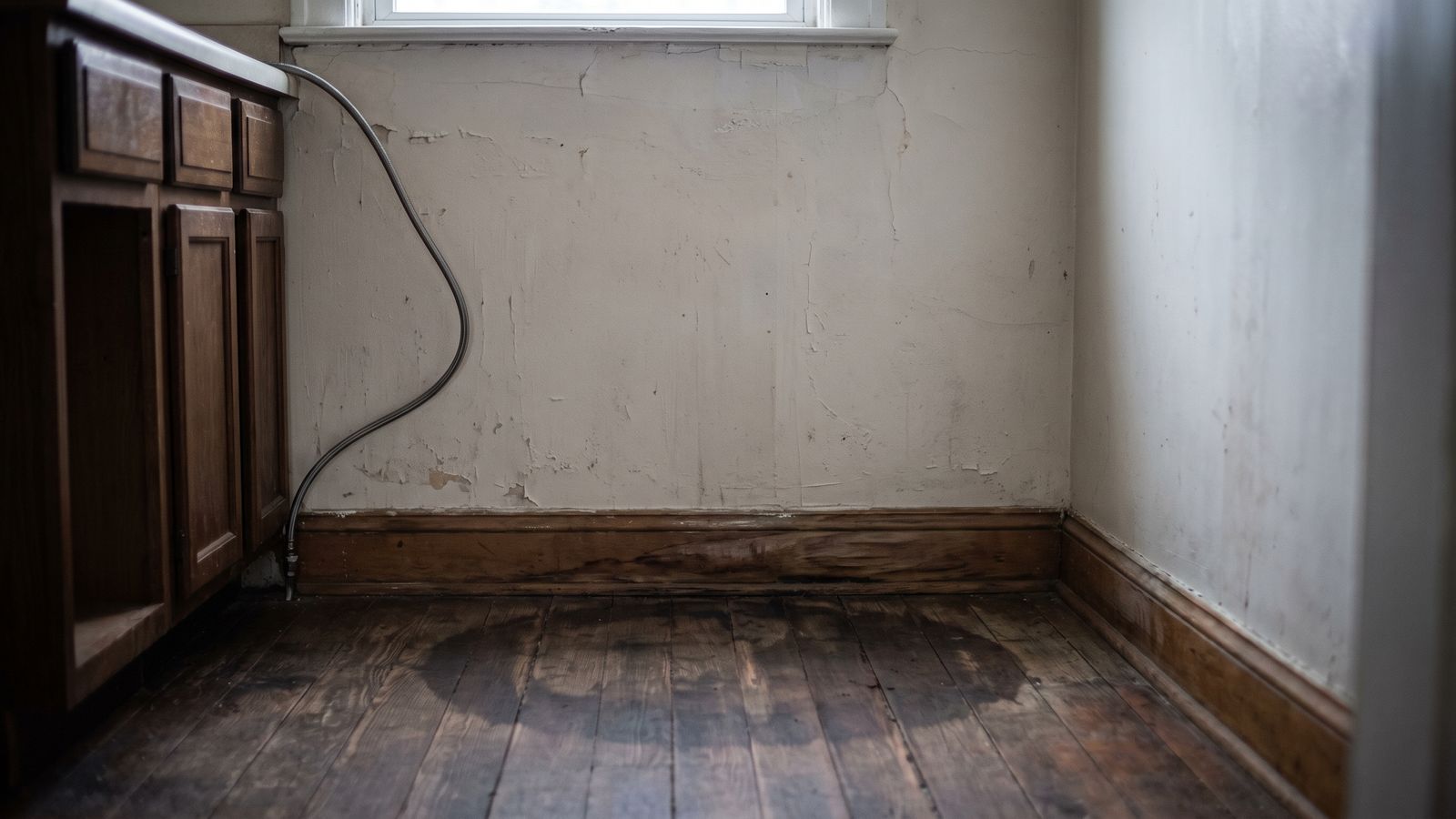 Supply line and stained baseboard in an empty alcove Supply line and water-stained baseboard in an empty alcove showing refrigerator water line leak floor damage