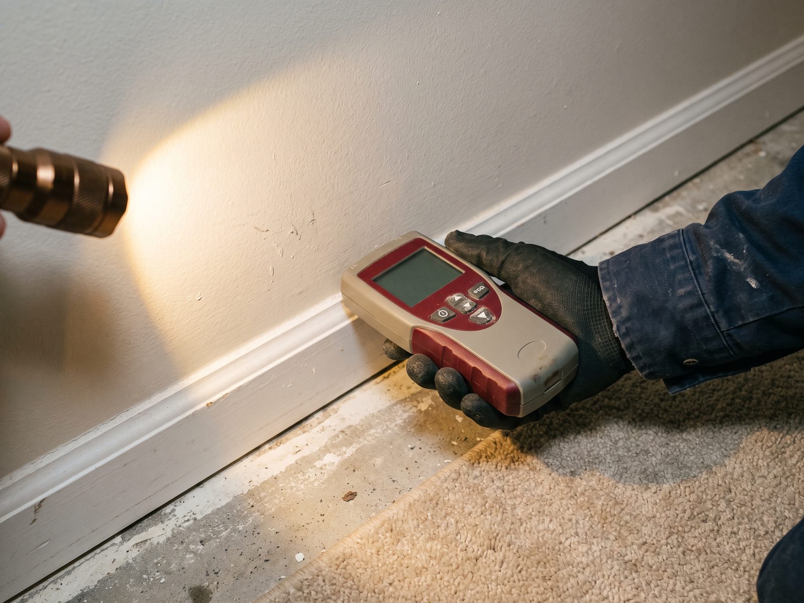 Moisture meter held against a wall base beside a baseboard, with a flashlight beam raking the surface.
