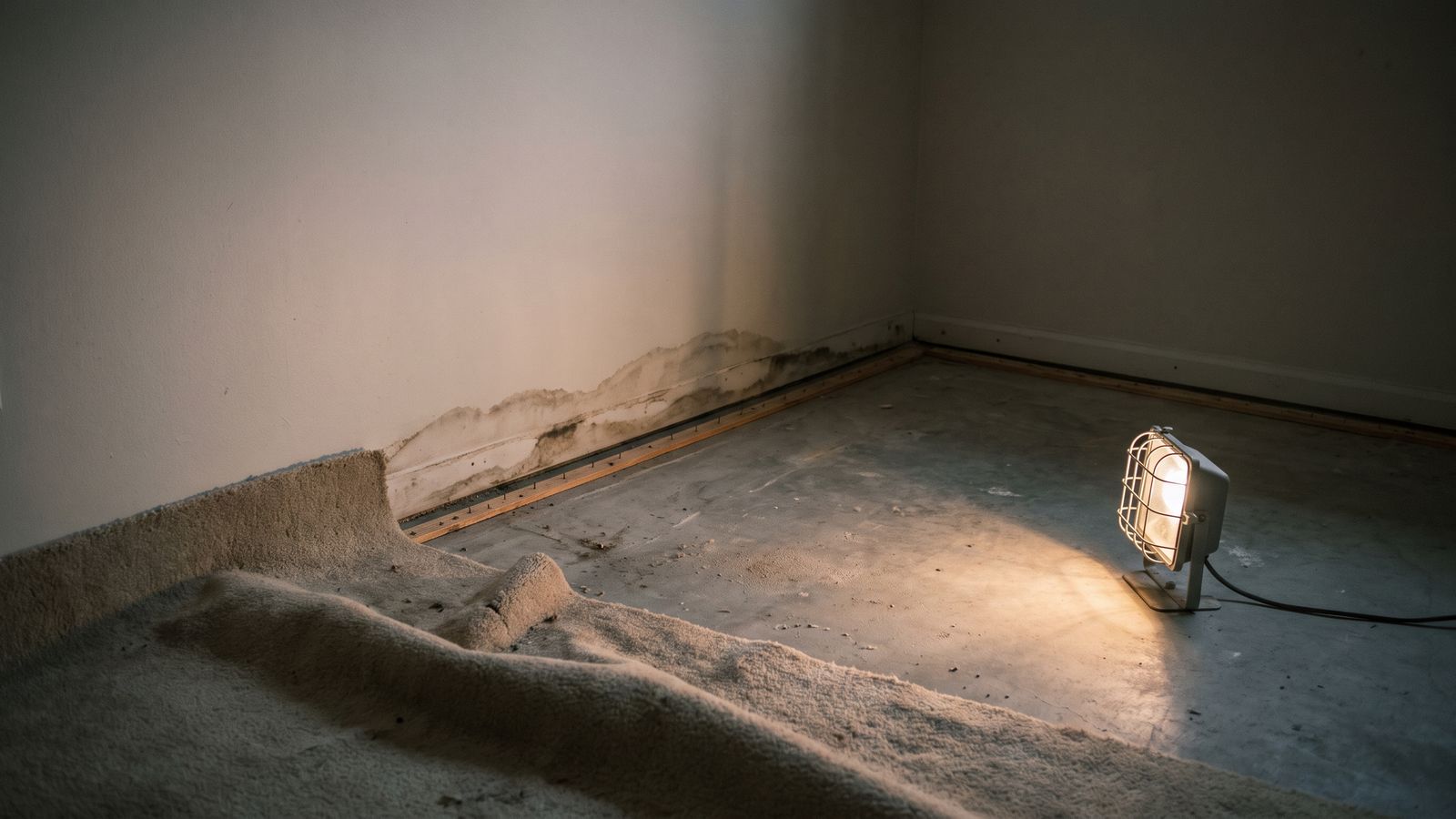 Wall base exposed at the carpet edge Basement carpet folded back off the tack strip below a wall base stained by past water damage, lit by a work light.