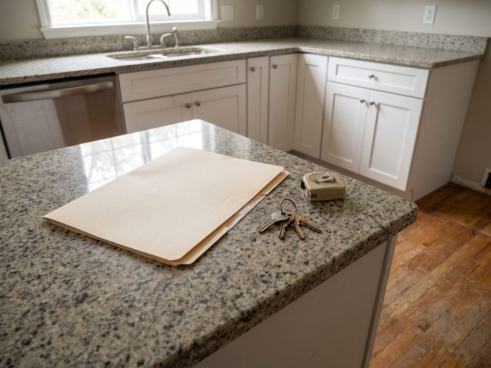 Closed manila folder on a kitchen island beside a set of house keys and a tape measure.