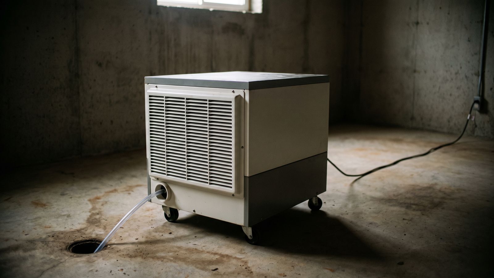 Dehumidifier drying a stripped basement slab Refrigerant dehumidifier drying a stripped basement slab after sewage backup cleanup, drain line to the floor drain