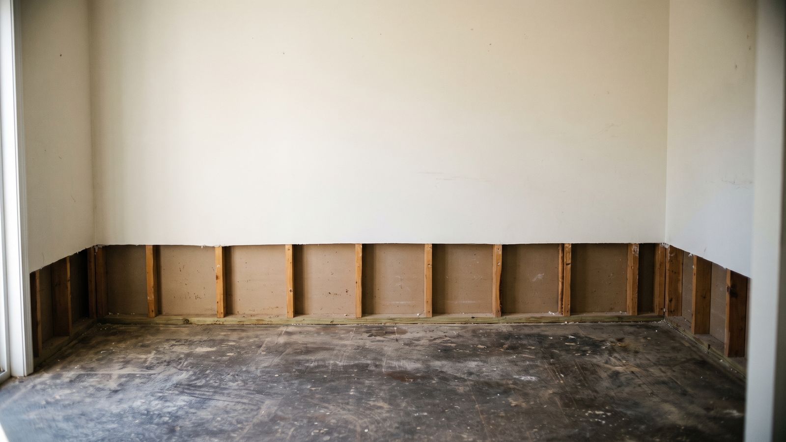 Flood cut wall and stained slab after removal Flood cut along a basement wall after sewage backup cleanup, drywall removed to bare studs above a stained slab