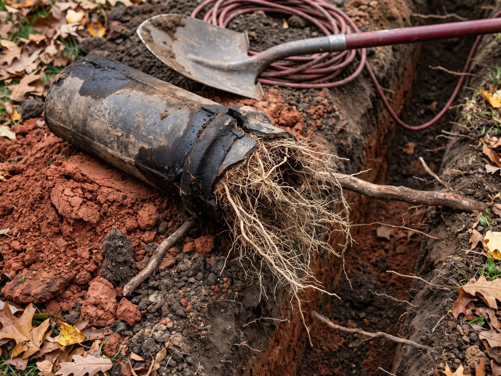 Excavated sewer pipe with root intrusion at the break Short section of excavated tar-coated sewer pipe on red clay spoil beside a trench, with a dense mat of fine roots coming out of the broken end.
