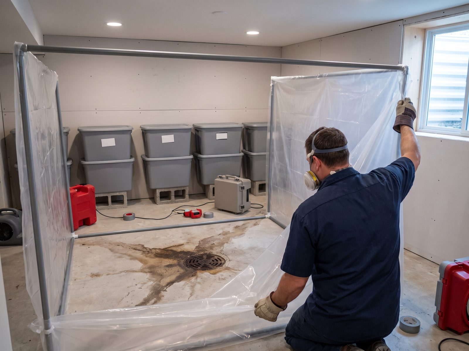 Basement floor drain after a sewer lateral backup Dark staining radiating from a basement floor drain with contents raised on blocks and a technician setting a barrier.