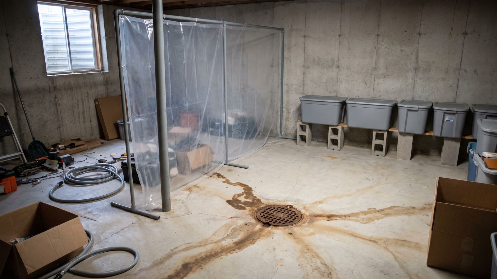 Basement slab stained brown in streaks from a cast iron floor drain, a poly containment wall and totes on blocks behind.