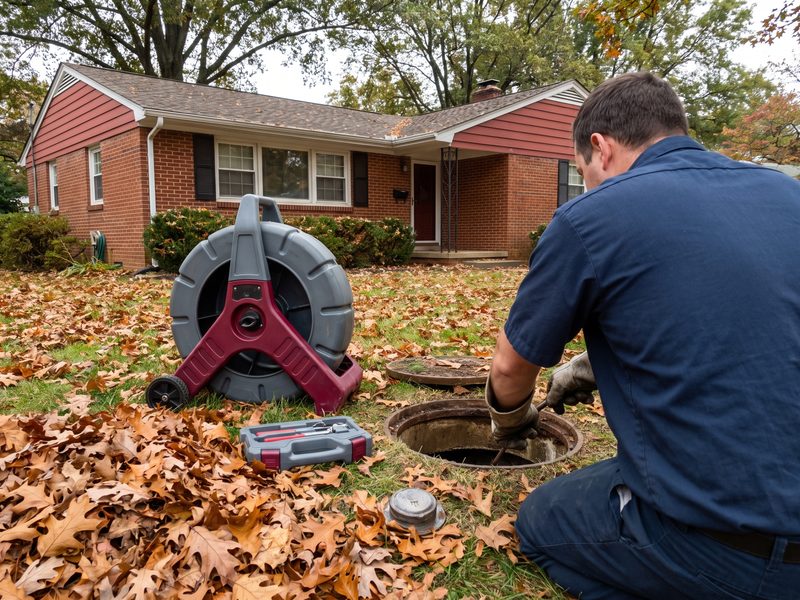 Open sewer cleanout in a leaf-strewn front lawn beneath mature oaks with a camera reel and a crouching technician beside it.