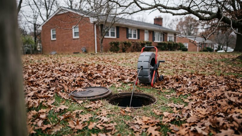 Open sewer cleanout in a leaf-covered lawn outside a brick rambler, a drain cable reel feeding cable down into the pipe.