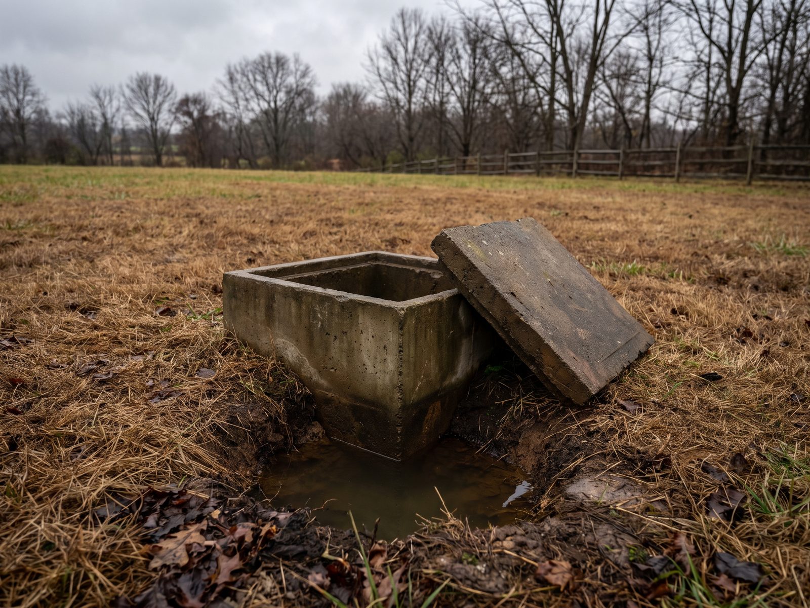 Lifted septic distribution box lid in a mown rural field with standing water visible in the trench below.