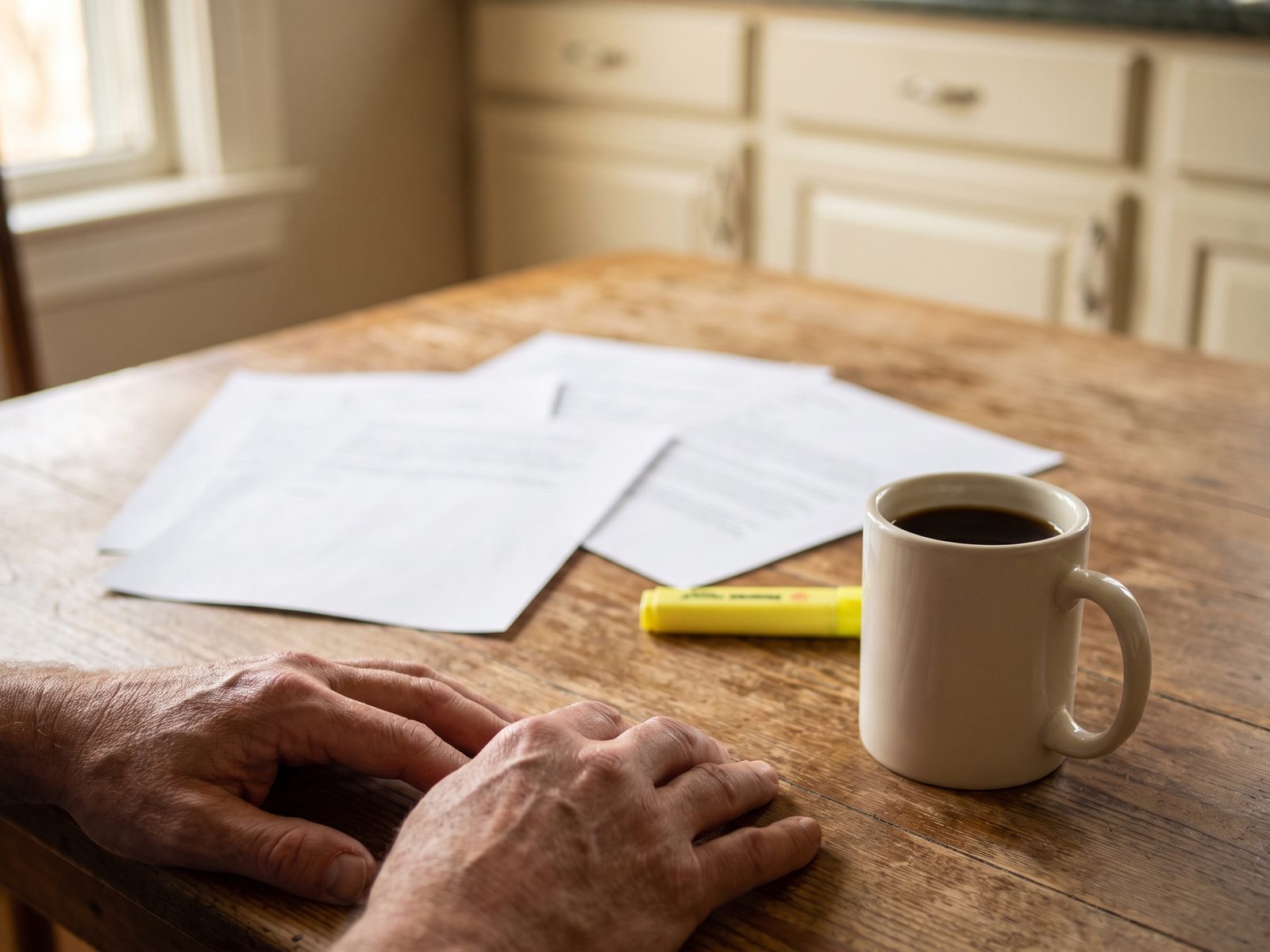 Printed homeowners insurance declarations page on a kitchen table beside a highlighter, with no identifying details legible.