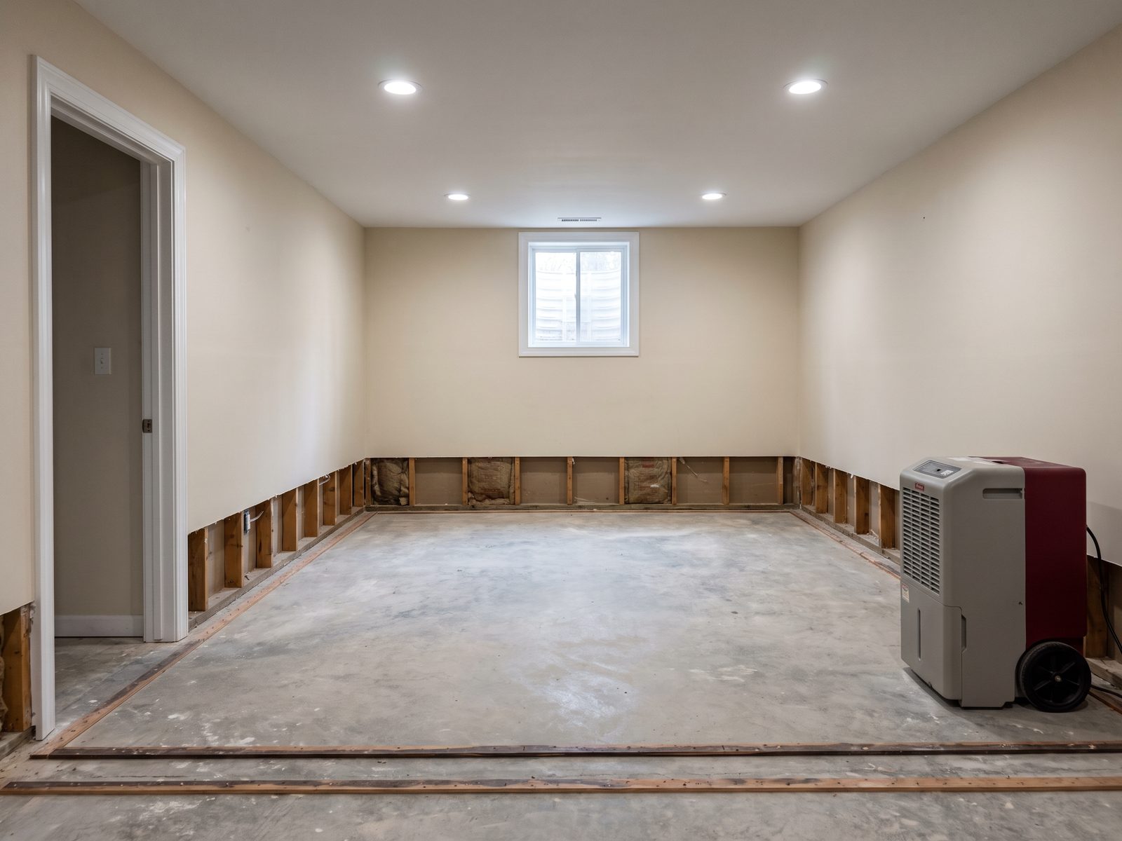 Flood cut in basement drywall with studs and insulation exposed, carpet and pad removed down to bare slab, and a dehumidifier running.